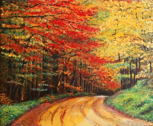 Colorful original oil painting showing a forest road